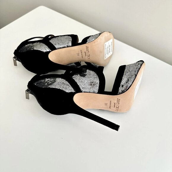 NEW JIMMY CHOO Tempest Black Suede Silver Sequin Cutout Heels Sandals Size 38 - Picture 11 of 11